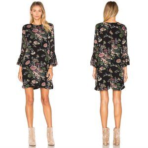 GANNI Black Bouquet Pink Moody Floral Bartlett Georgette Long Sleeve Mini Dress